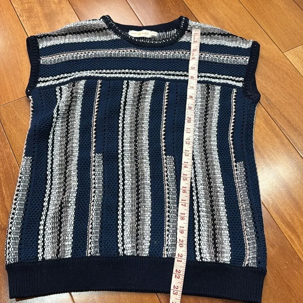 Tory Burch Knit Linen Blend Navy Blue‎ Striped Crochet geometric Top Size XS